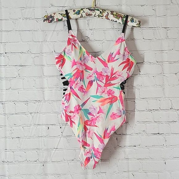 Victoria's Secret PINK Neon Pink Hibiscus Floral Print One Piece Swimsuit Size M - Picture 4 of 16